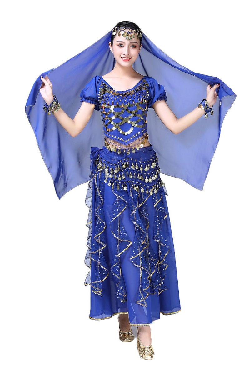ORIDOOR Women Belly Dance Dress Indian Bollywood Halloween Costume Chiffon Skirts Shiny Belly Dance Suits 5-Piece Outfit, 004 Royal Blue, One Size - Image 2